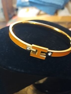 Gold-Tone Orange Enamel Hinge Bangle Bracelet Letter H
